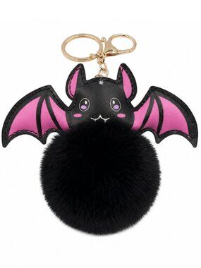 Halloween Bat Pom Pom Keychain Black Faux Fur Plush Bag Charm Gothic Cute NEW